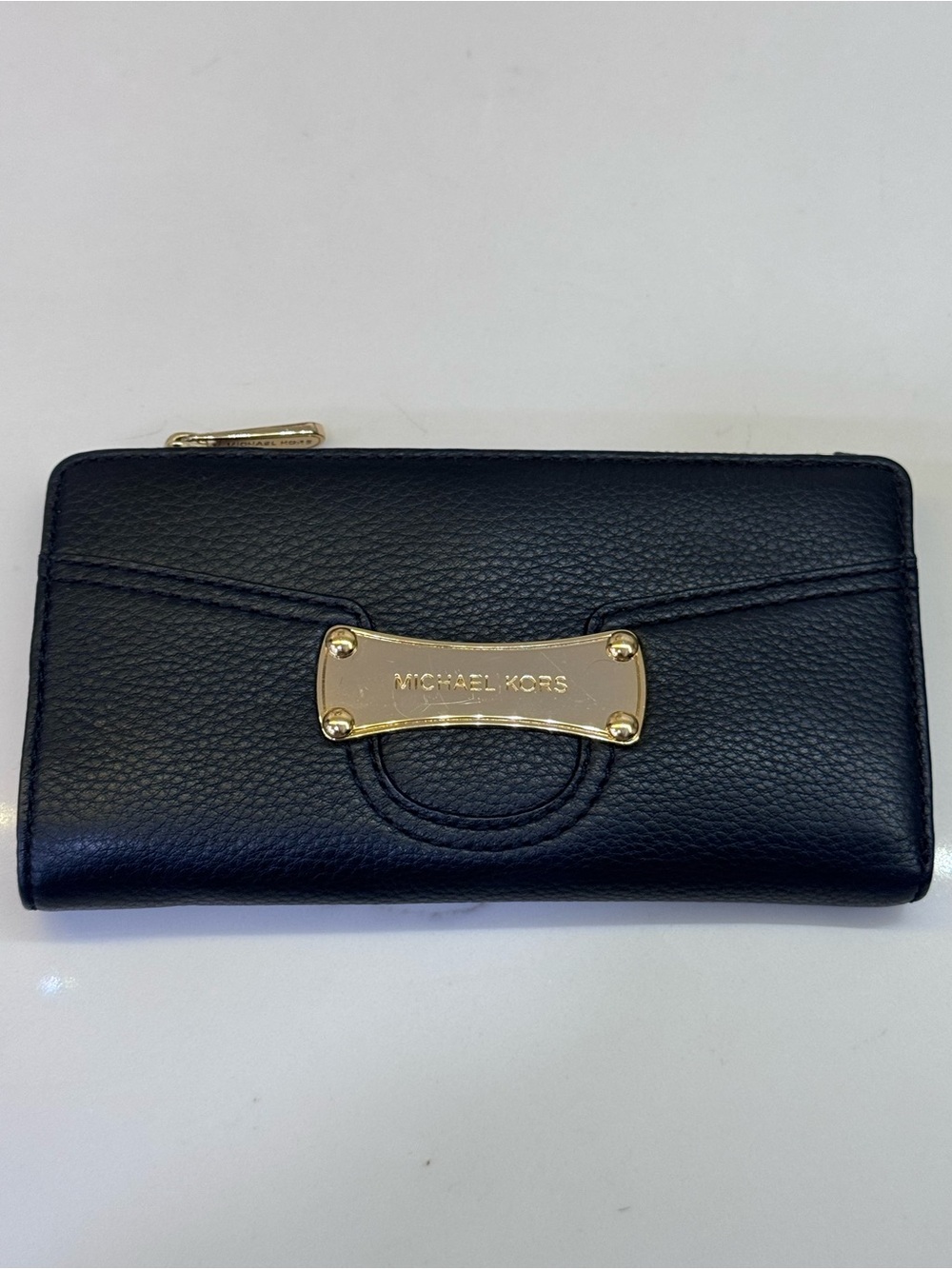 Michael Kors Black Pebbled Leather Continental Wallet with Gold Plate